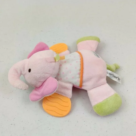 Carters Plush Elephant Baby Toy Pink Rattle Teether Crinkle Flat - Picture 2 of 8